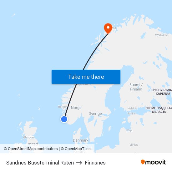 Sandnes Bussterminal Ruten to Finnsnes map