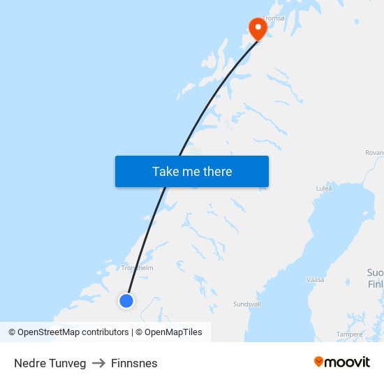 Nedre Tunveg to Finnsnes map