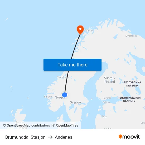 Brumunddal Stasjon to Andenes map