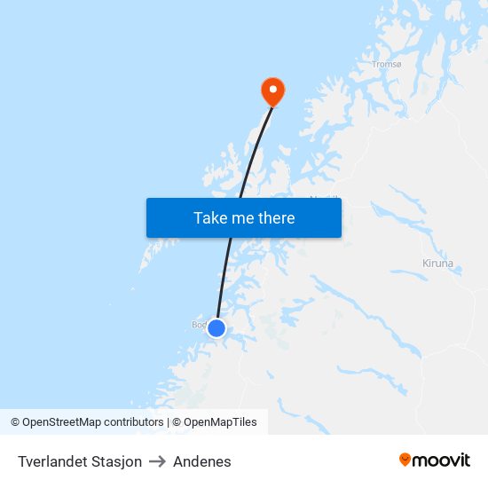 Tverlandet Stasjon to Andenes map