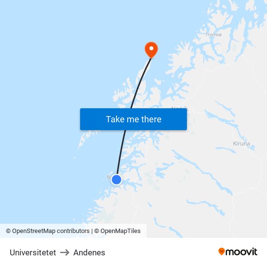 Universitetet to Andenes map