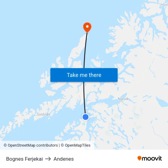 Bognes Ferjekai to Andenes map