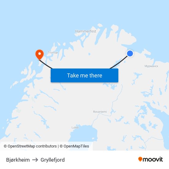 Bjørkheim to Gryllefjord map