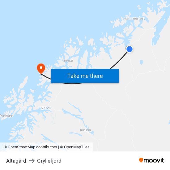 Altagård to Gryllefjord map