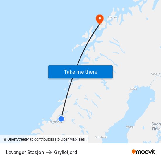 Levanger Stasjon to Gryllefjord map