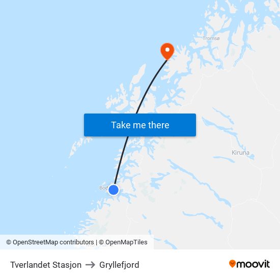 Tverlandet Stasjon to Gryllefjord map