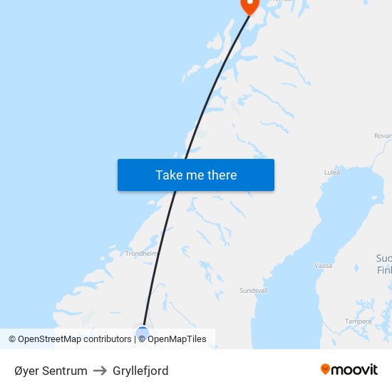 Øyer Sentrum to Gryllefjord map