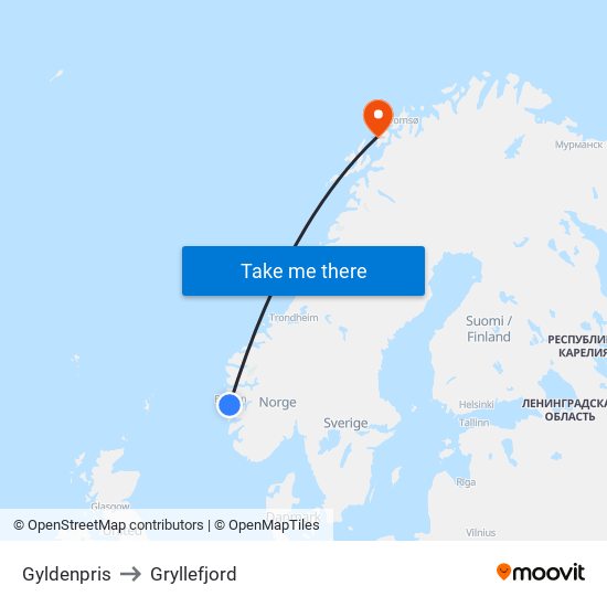 Gyldenpris to Gryllefjord map