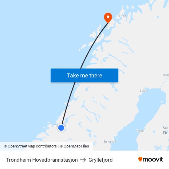 Trondheim Hovedbrannstasjon to Gryllefjord map