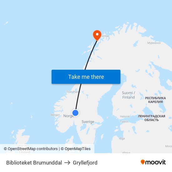 Biblioteket Brumunddal to Gryllefjord map