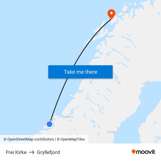 Frei Kirke to Gryllefjord map