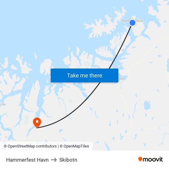 Hammerfest Havn to Skibotn map