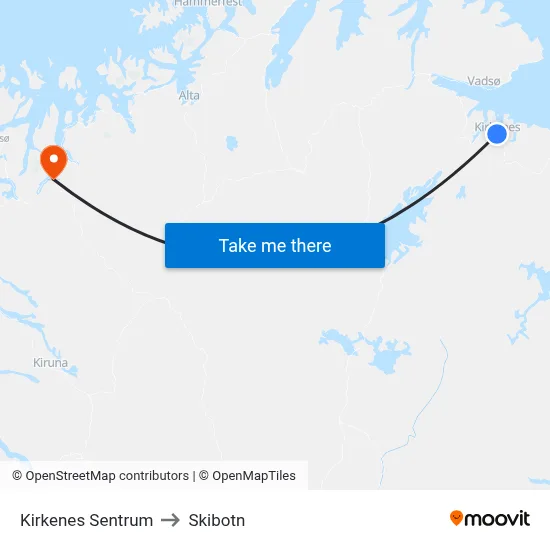 Kirkenes Sentrum to Skibotn map