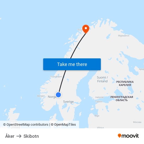 Åker to Skibotn map