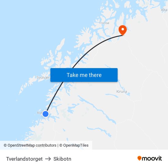 Tverlandstorget to Skibotn map