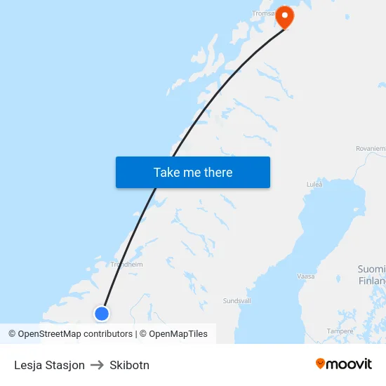 Lesja Stasjon to Skibotn map