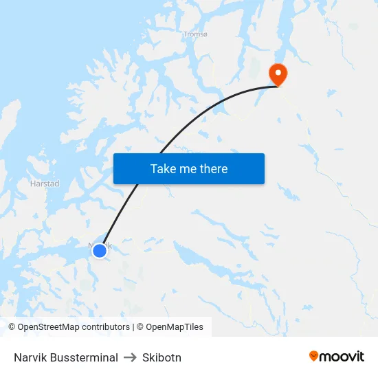 Narvik Bussterminal to Skibotn map