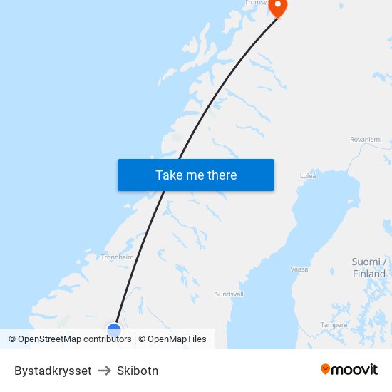 Bystadkrysset to Skibotn map