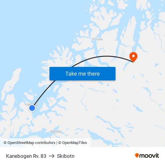 Kanebogen Rv. 83 to Skibotn map