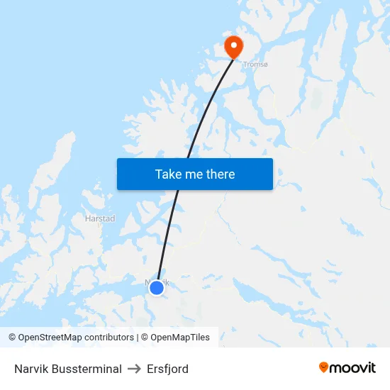 Narvik Bussterminal to Ersfjord map