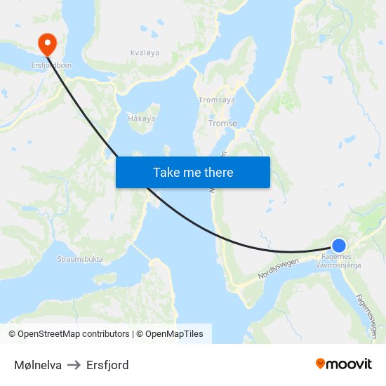 Mølnelva to Ersfjord map