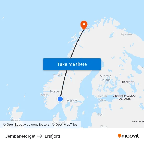 Jernbanetorget to Ersfjord map