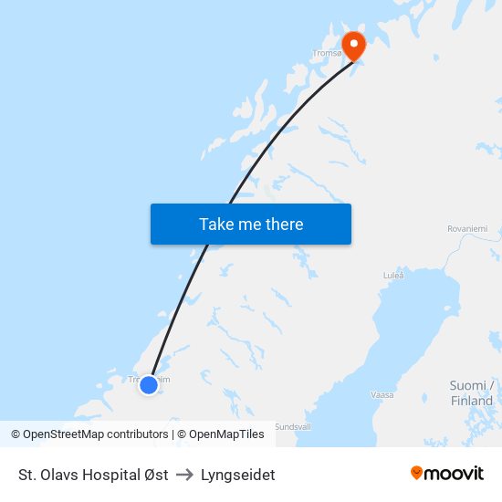 St. Olavs Hospital Øst to Lyngseidet map