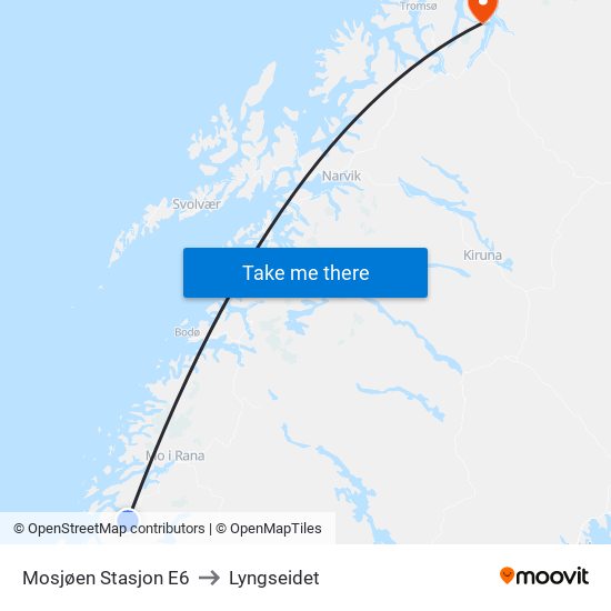 Mosjøen Stasjon E6 to Lyngseidet map