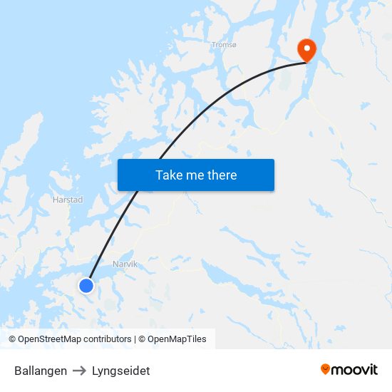 Ballangen to Lyngseidet map