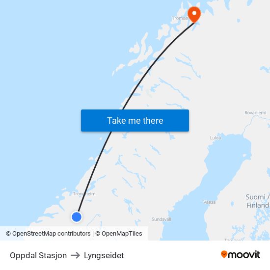 Oppdal Stasjon to Lyngseidet map