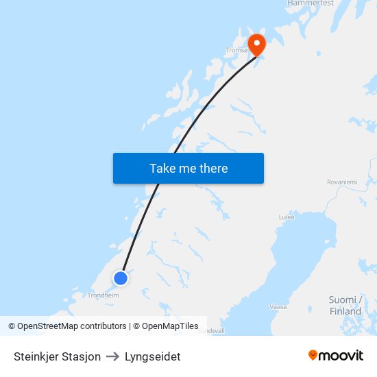 Steinkjer Stasjon to Lyngseidet map