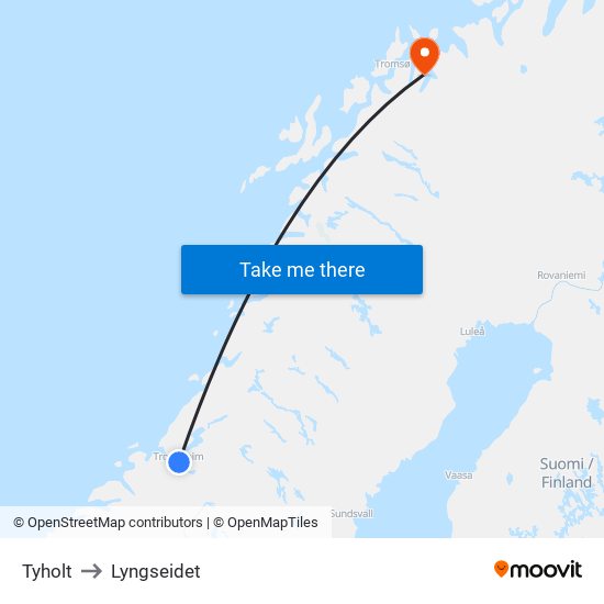 Tyholt to Lyngseidet map