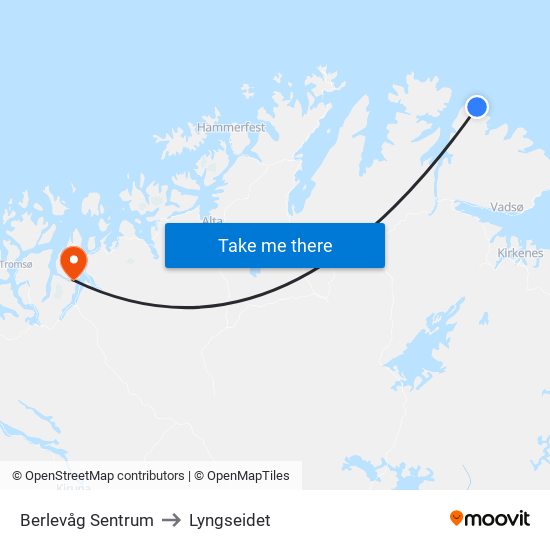 Berlevåg Sentrum to Lyngseidet map