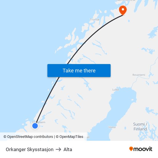 Orkanger Skysstasjon to Alta map