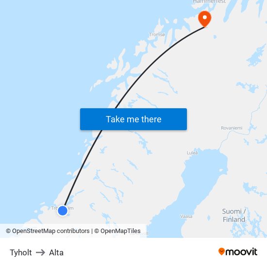 Tyholt to Alta map