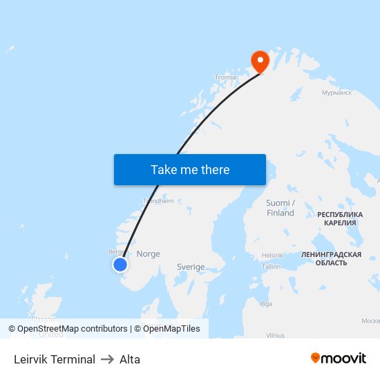 Leirvik Terminal to Alta map