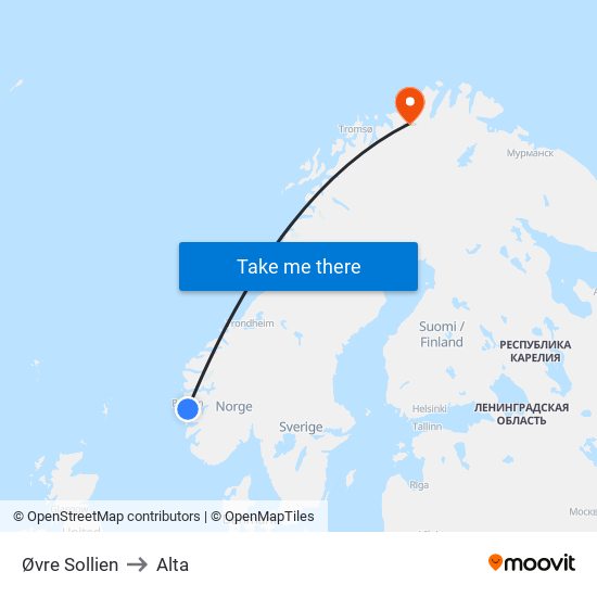 Øvre Sollien to Alta map