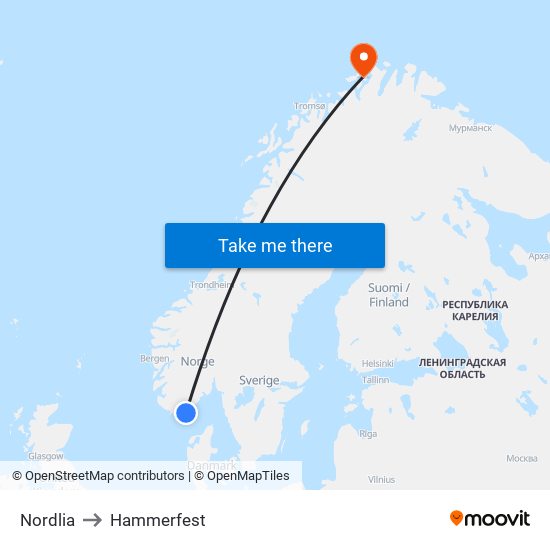 Nordlia to Hammerfest map