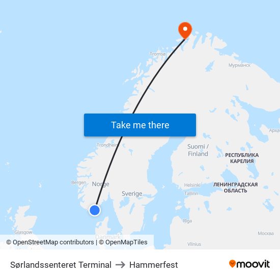 Sørlandssenteret Terminal to Hammerfest map