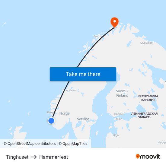 Tinghuset to Hammerfest map