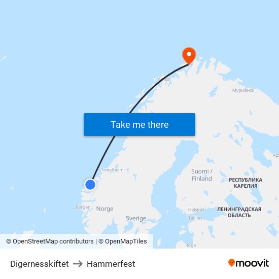 Digernesskiftet to Hammerfest map