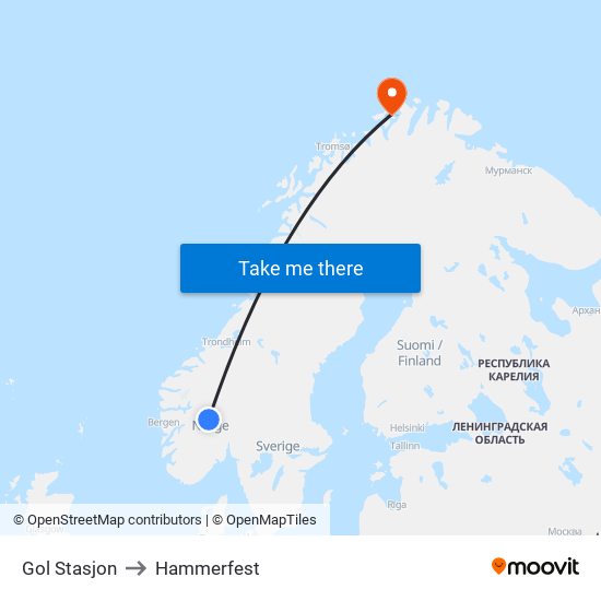 Gol Stasjon to Hammerfest map