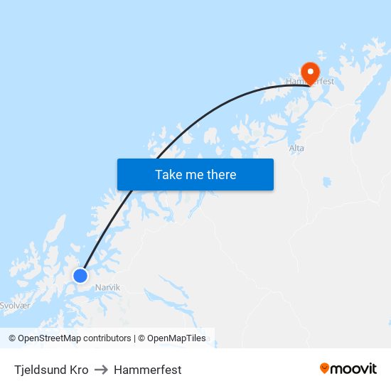 Tjeldsund Kro to Hammerfest map