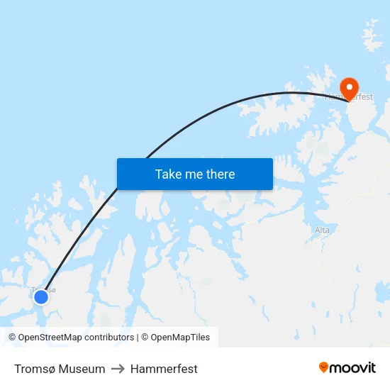 Tromsø Museum to Hammerfest map