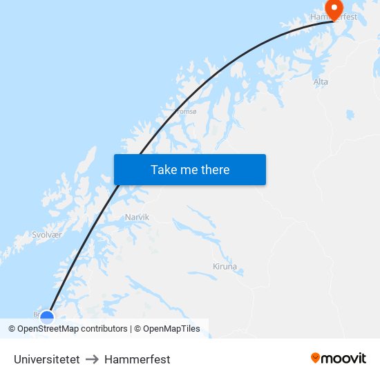 Universitetet to Hammerfest map