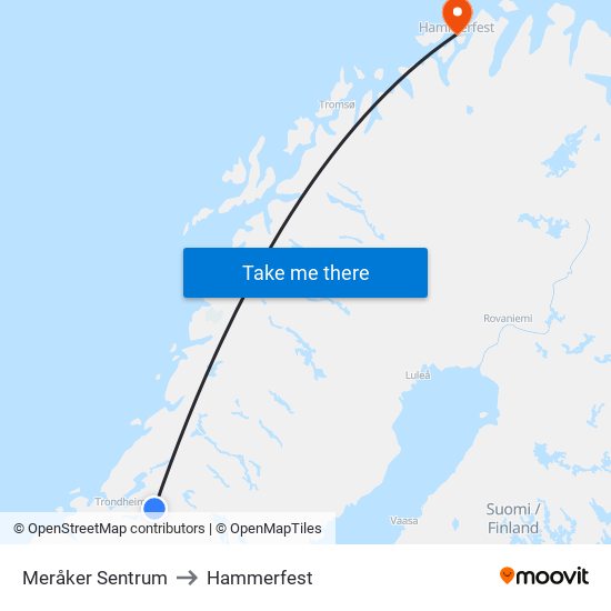 Meråker Sentrum to Hammerfest map