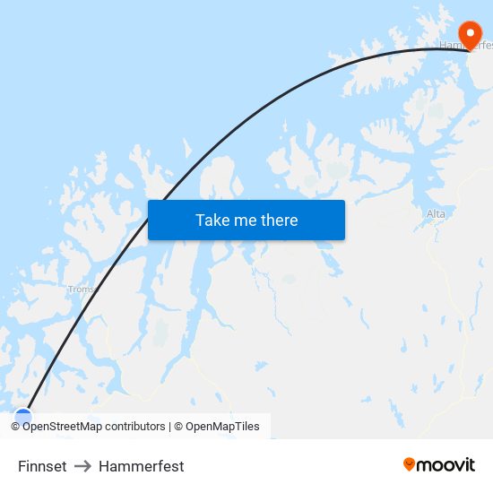 Finnset to Hammerfest map