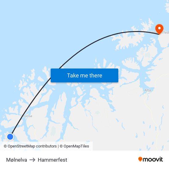 Mølnelva to Hammerfest map