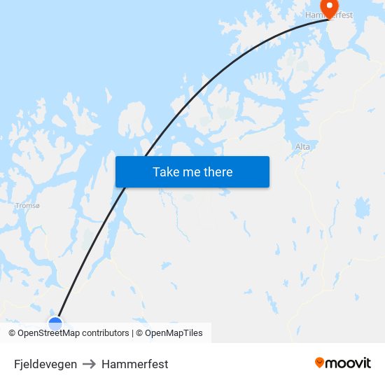 Fjeldevegen to Hammerfest map