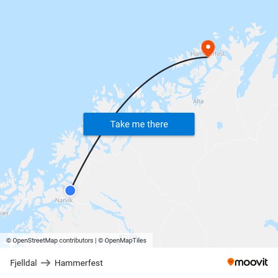 Fjelldal to Hammerfest map